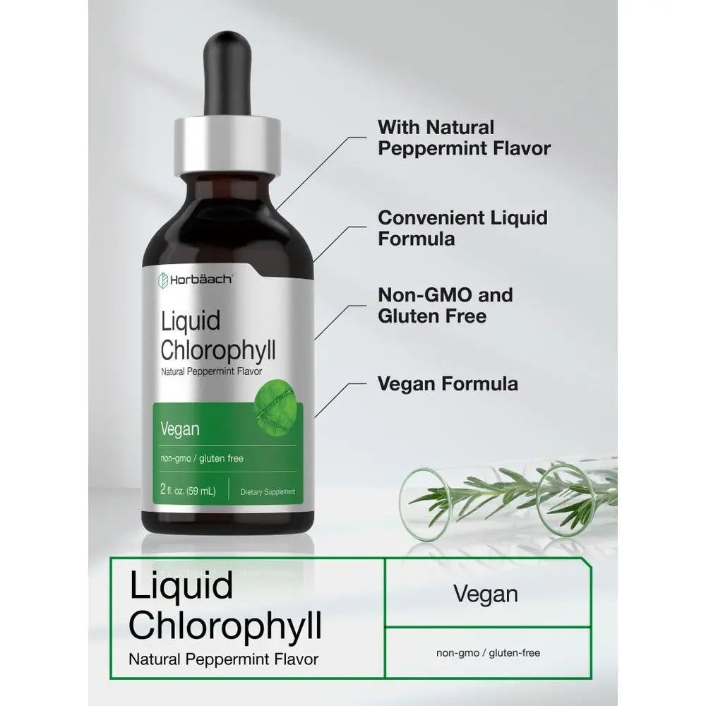 Horbäach Liquid Chlorophyll Drops | 2 Oz | Vegan, Non-Gmo, and Gluten Free Formula | Natural Peppermint Flavor