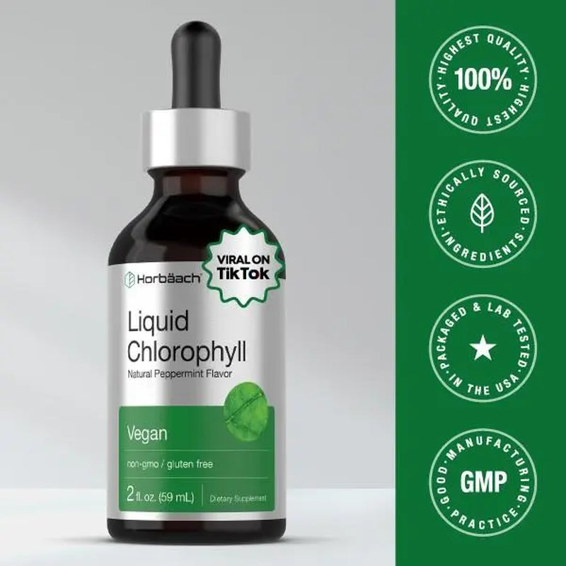 Horbäach Liquid Chlorophyll Drops | 2 Oz | Vegan, Non-Gmo, and Gluten Free Formula | Natural Peppermint Flavor