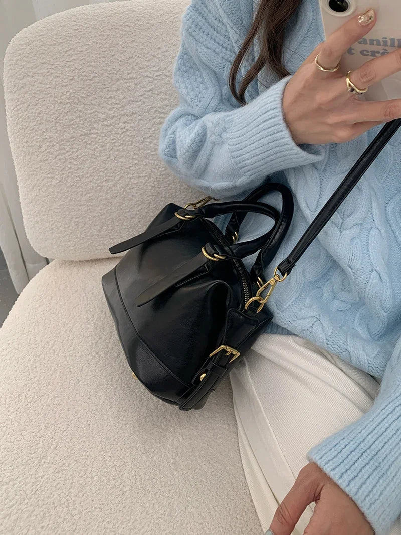 Retro Casual Women's Pillow Shoulder Bags Simple Portable Ladies Crossbody Bag Fashion PU Leather Female Bowling Purse Handbags